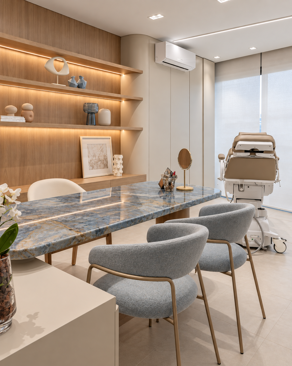 Consultório moderno em mármore azul-acinzentado, pronto para funcionar
