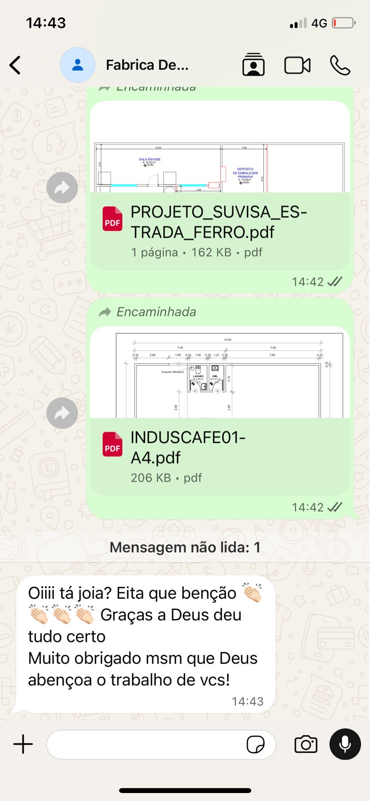 Captura de conversa no WhatsApp com cliente de indústria de café agradecendo a aprovação do projeto